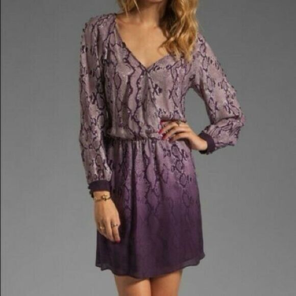 Parker Snake Print Purple Ombre Long Sleeve Faux Wrap Silk Dress Sz XS - Picture 1 of 5
